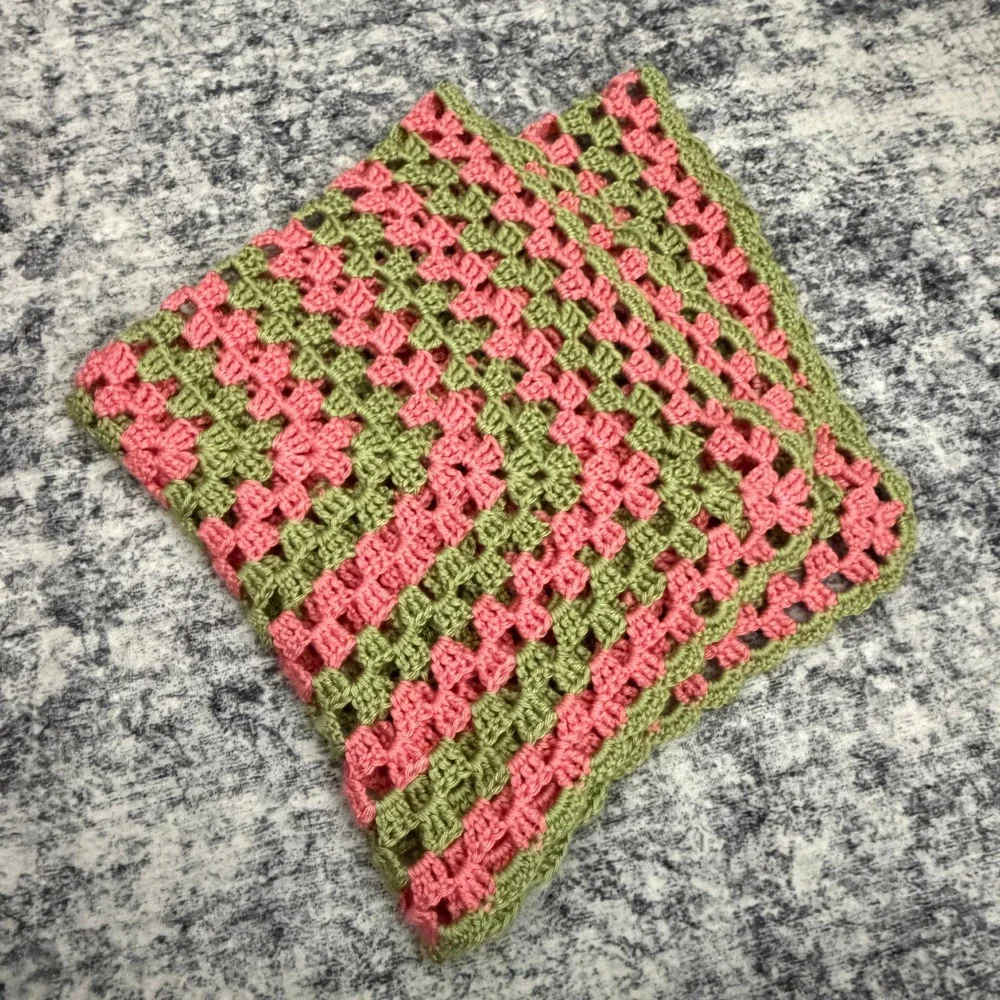 Handmade Pink Green Granny Square Crochet Throw Blanket 29x33 Cottagecore Boho